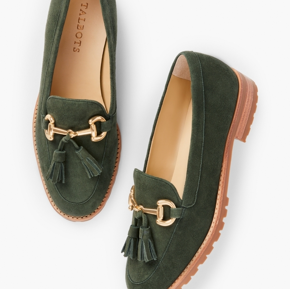 Talbots Cassidy Green Tassel Horsebit Loafers Size 5.5 Suede Chic